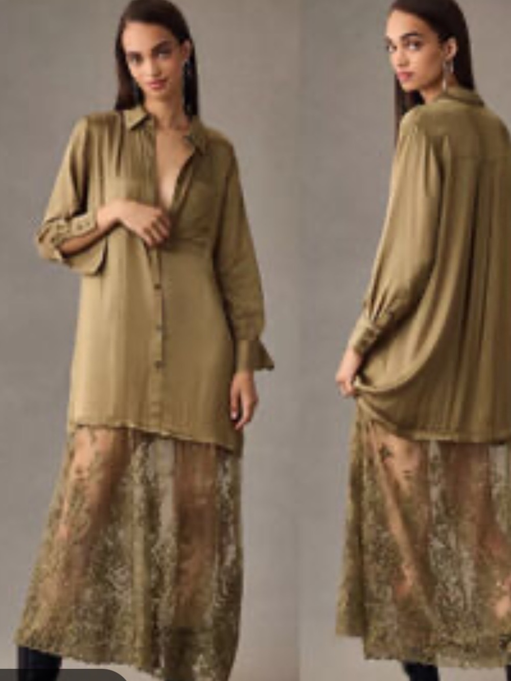 Anthropologie Lace Mix Twofer Satin Maxi Dress olive green satin button-down M - Picture 2 of 16